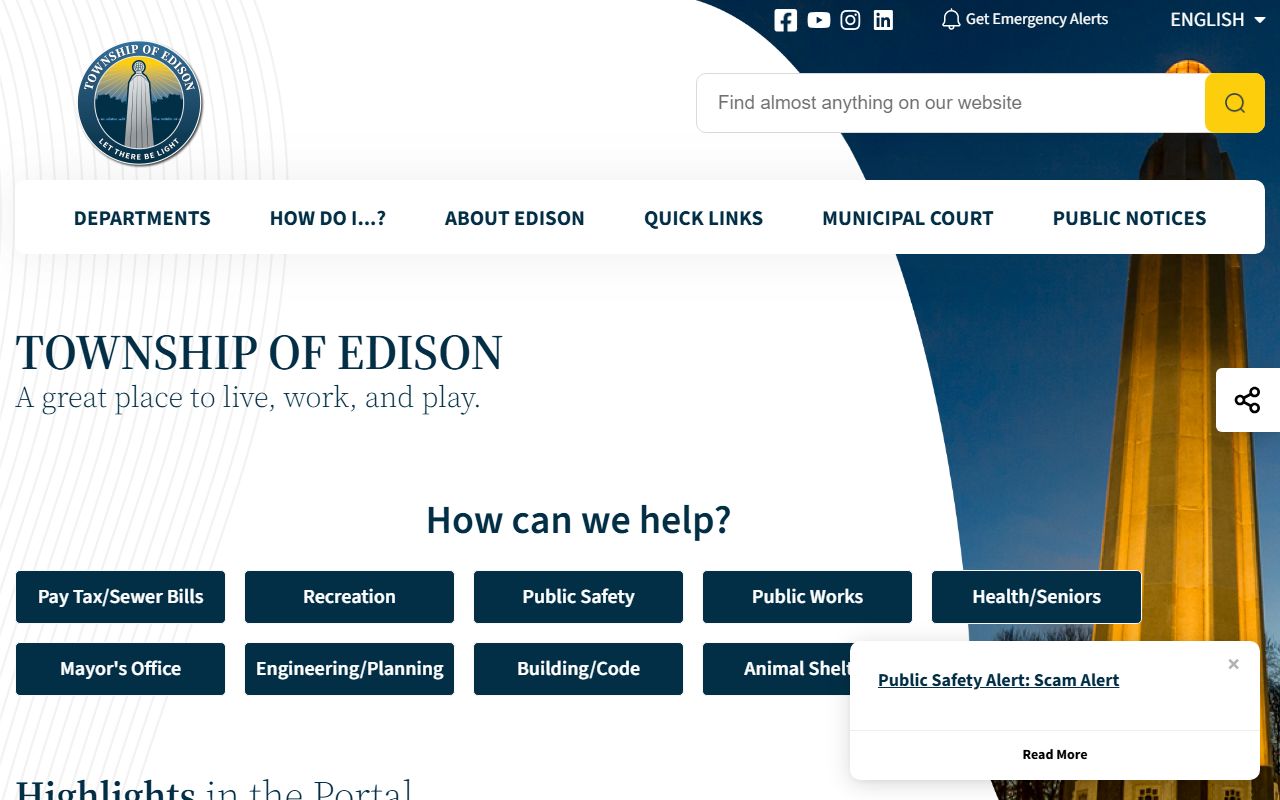 Edison Township official website for traffic ticket records and municipal court information