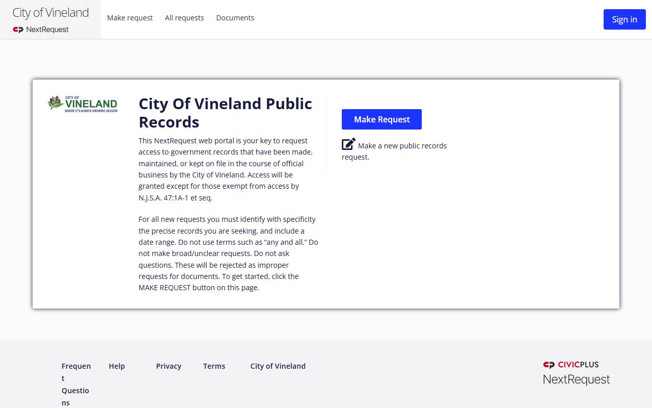 Vineland OPRA portal for requesting traffic ticket records online