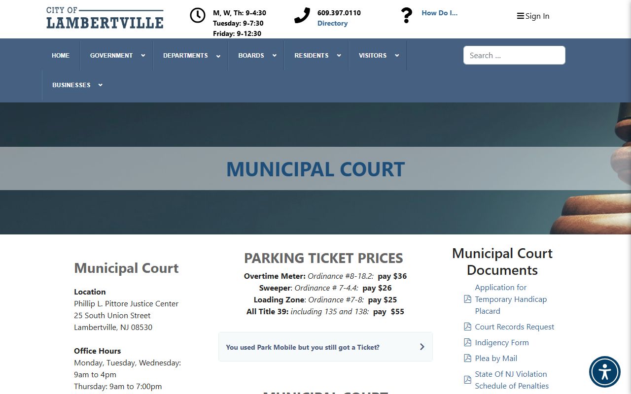 Lambertville Municipal Court website for Hunterdon County traffic ticket records