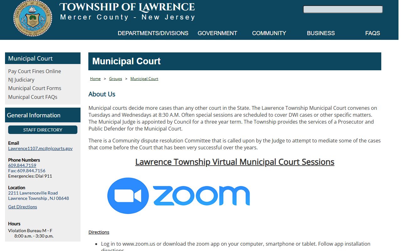 Lawrence Township Municipal Court website for Mercer County traffic ticket records