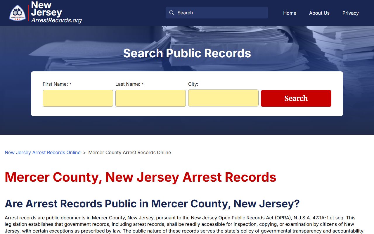 Mercer County Clerk Office records page for traffic ticket records
