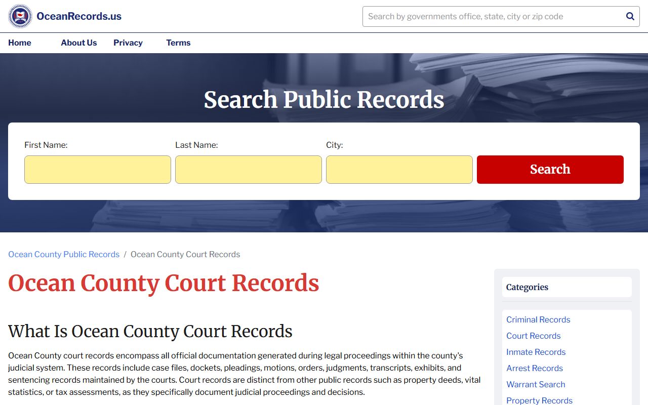 Ocean County court records website for traffic ticket records search