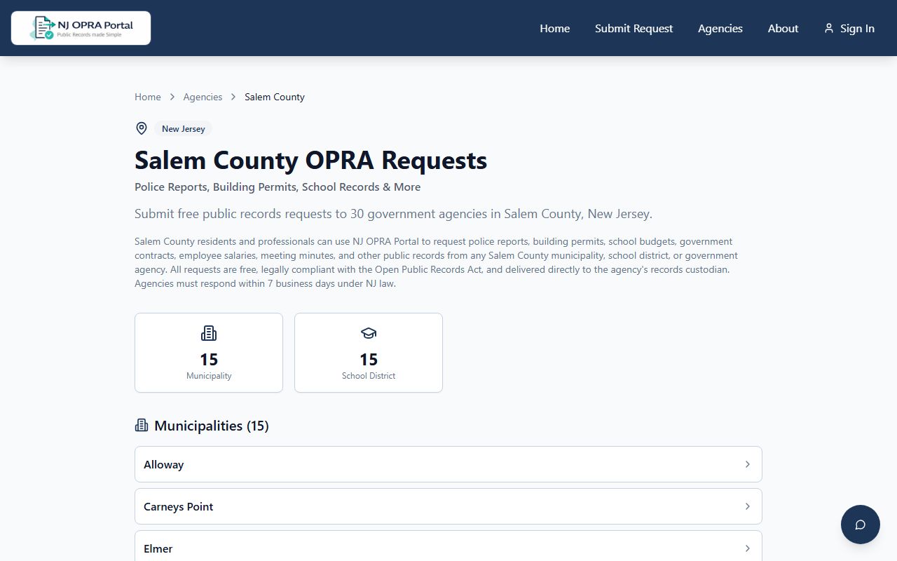 NJ OPRA Portal Salem County traffic ticket records