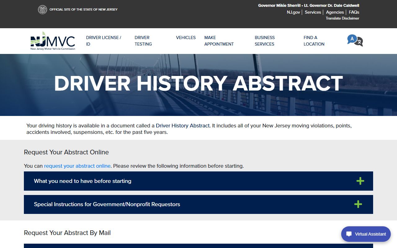 New Jersey MVC driver history abstract page for traffic ticket records